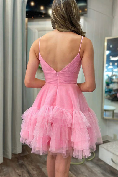 Unique A Line Spaghetti Straps Pink Short Homecoming Dress with Ruffles VK23083105