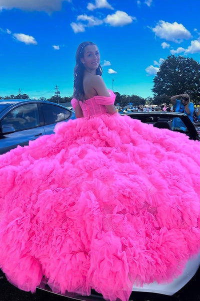 Gorgeous A Line Off the Shoulder Pink Tulle Tiered Prom Dress VK25100704