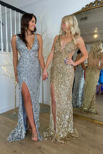 Gold Sequins Mermaid Long Prom Dresses with Slit VK24020802