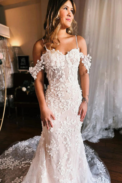 Princess Mermaid Cold Sleeves Floral Lace Boho Wedding Dresses VK23082710