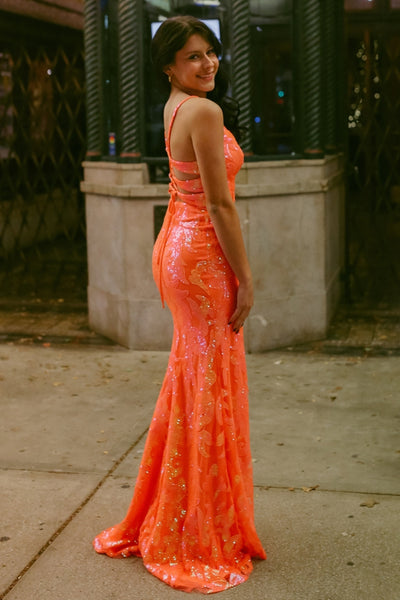 Orange V Neck Sequins Mermaid Long Prom Dresses VK24013104