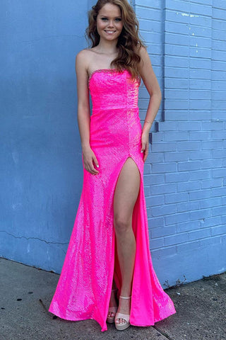 Hot Pink Sequin Beaded Sweetheart Long Prom Dresses with Slit VK23111204