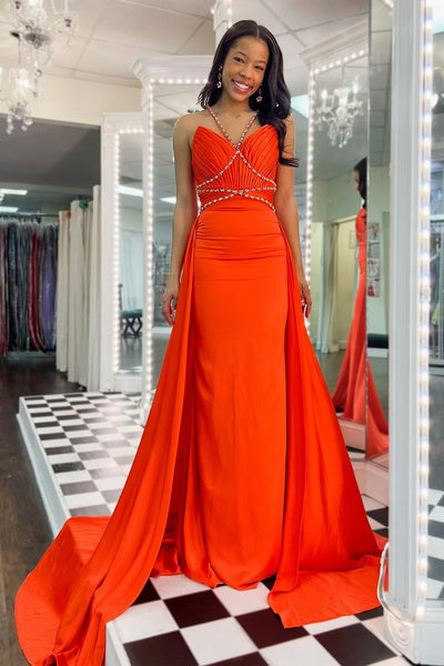 Orange Halter Beaded Long Prom Dresses with Train VK24032005