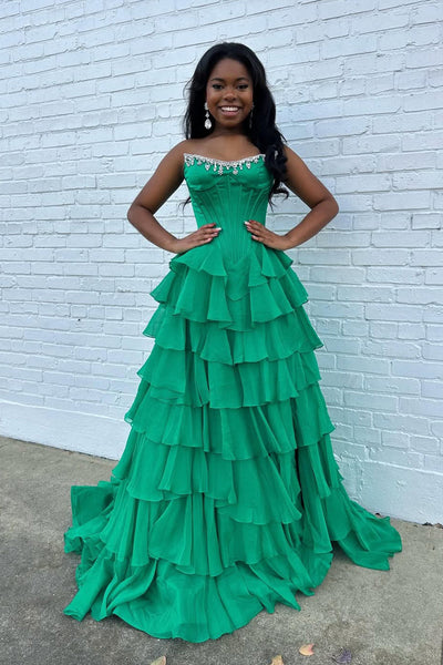 Cute Scoop Neck Green Chiffon Tiered Prom Dress with Beading VK15120307
