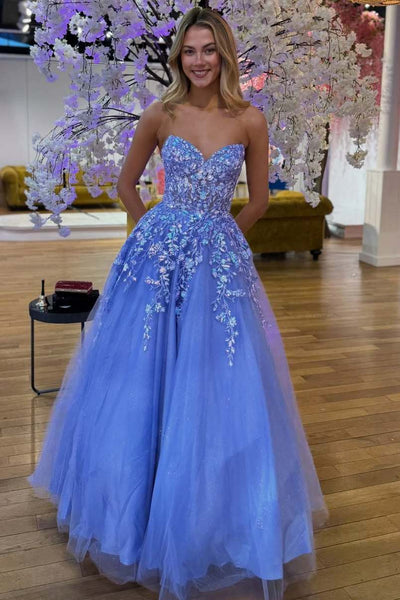 Lavender A-Line Strapless Tulle Appliques Long Prom Dresses VK26012401