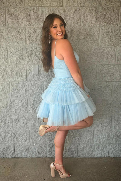 Sparkly Light Blue A-Line Tulle Tiered Short Homecoming Dress VK23082605