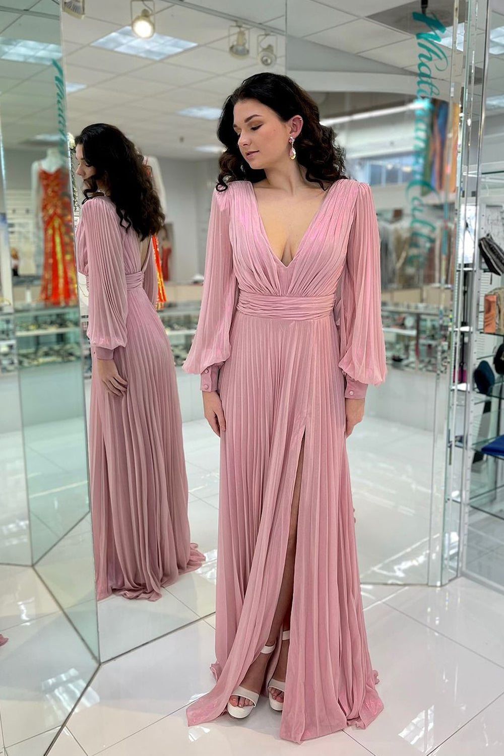 Charming A Line V Neck Blush Pink Chiffon Long Sleeves Wedding Guest D Vickidress Charming A Line V Neck Blush Pink Chiffon Long Sleeves Wedding Guest D Vickidress