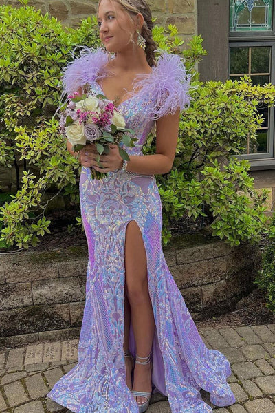 Lavender Mermaid V Neck Sequin Lace Long Prom Evening Dresses with Feather VK23090910