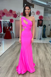 Fuchsia One Shoulder Cutout Mermaid Long Prom Dresses VK24010404