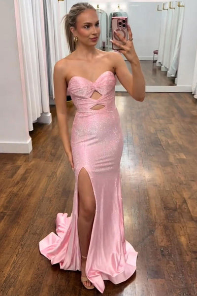 Mermaid Strapless Pink Satin Beaded Long Prom Dresses with Slit VK26010705