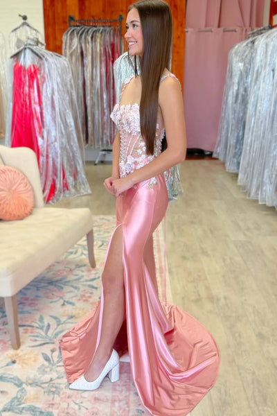 Cute Mermaid Square Neck Blush Pink Satin Prom Dress with Slit VK26030808