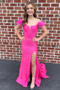 Off The Shoulder Hot Pink Mermaid Long Prom Dress with Feathers VK23101403