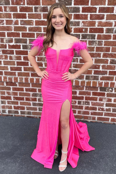 Off The Shoulder Hot Pink Mermaid Long Prom Dress with Feathers VK23101403