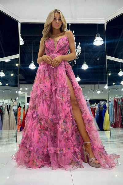 A-Line Strapless Floral Printed Chiffon Long Spring Prom Dresses VK23111804