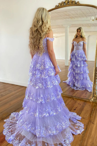 Lavender A-Line Off the Shoulder Tulle Lace Long Prom Dresses VK23091008