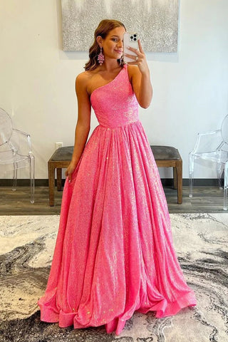 Sparkly Pink One Shoulder A Line Sequins Prom Dress VK23110603