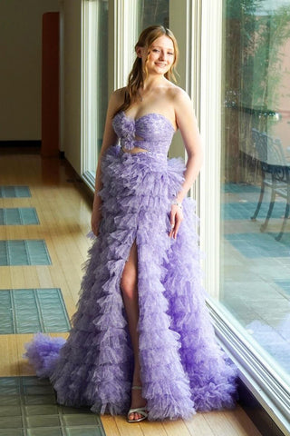Cute A Line Sweetheart Purple Printed Tulle Long Prom Dresses with Slit VK24101805