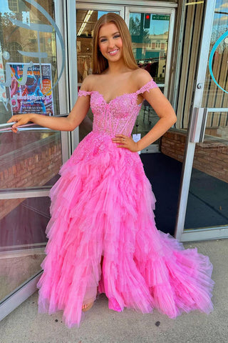 Off-the-Shoulder Pink Ruffle Tulle Long Prom Dress with Appliques VK24011002