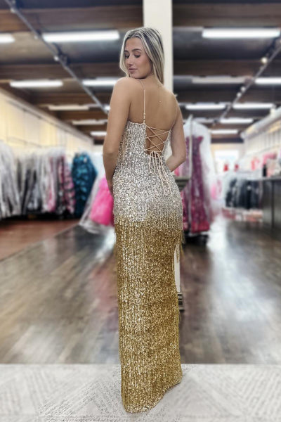 Sparkly Mermaid Scoop Neck Sequins Long Prom Dresses with Slit VK26020903