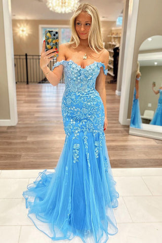 Blue Off the Shoulder Tulle Mermaid Prom Dresses with Appliques VK24010305
