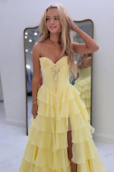 Glamorous A Line Sweetheart Navy Tiered Chiffon Prom Dress with Slit VK162406