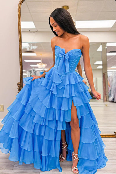 Cute A Line Sweetheart Blue Chiffon Tiered Prom Dress AB26032209