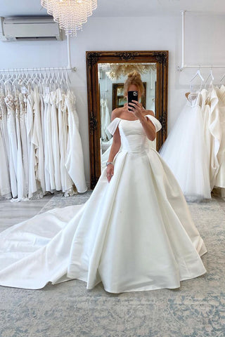 Elegant A-Line Off the Shoulder White Satin Wedding Dresses VK23121305