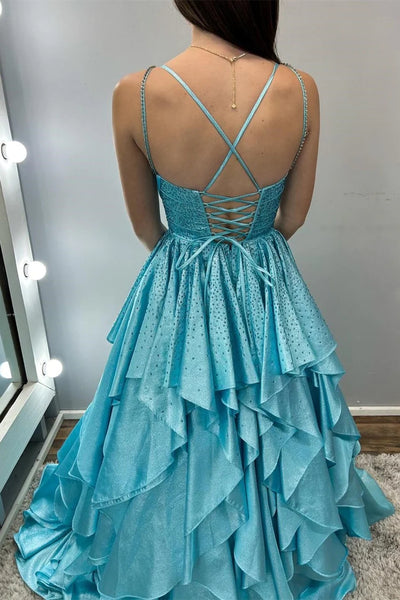 Aqua Blue Beaded Multi-Layer Ruffle Satin Long Prom Dress VK24011303