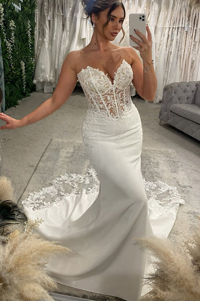 Sexy Mermaid Sweetheart Satin Appliques Wedding Dresses with Removable Sleeves VK26103010
