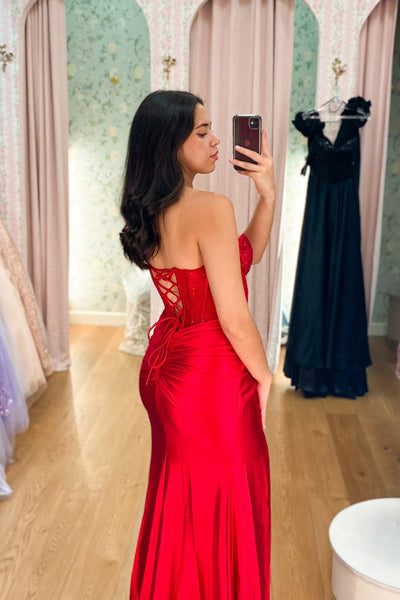 Mermaid Sweetheart Red Satin Beaded Long Prom Dresses with Side Slit VK25102203