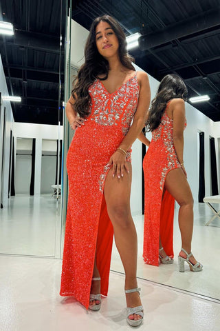 Orange Sequin Lace V Neck Mermaid Long Prom Dresses VK24011702
