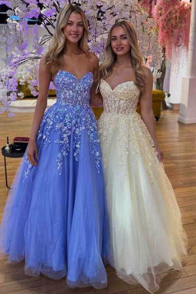 Lavender A-Line Strapless Tulle Appliques Long Prom Dresses VK26012401