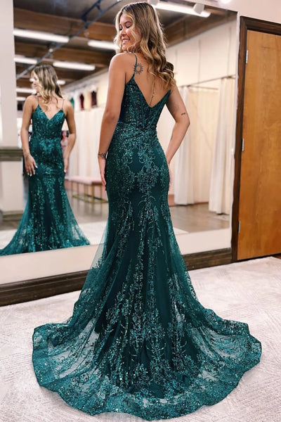 Sparkly Dark Green Mermaid Sequin Long Prom Dress VK23100307