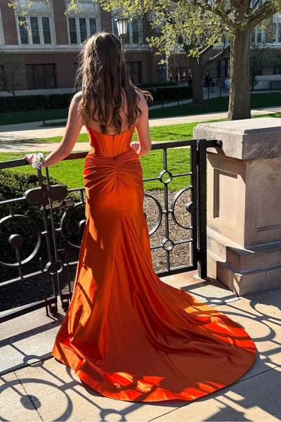 Cute Mermaid Sweetheart Keyhole Orange Satin Prom Gown with Slit VK25052408