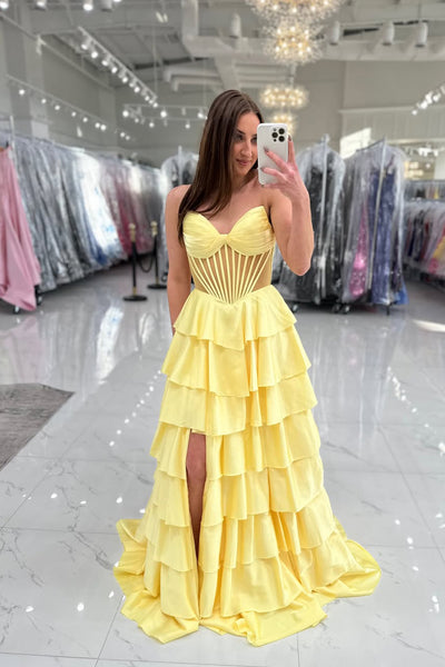 Cute A Line Sweetheart Yellow Satin Long Prom Dress VK25121106