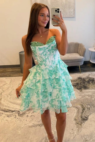 A-Line Sequin Sweetheart Mint Green Floral Ruffle Tiered Corset Short Homecoming Dresses VK25092412