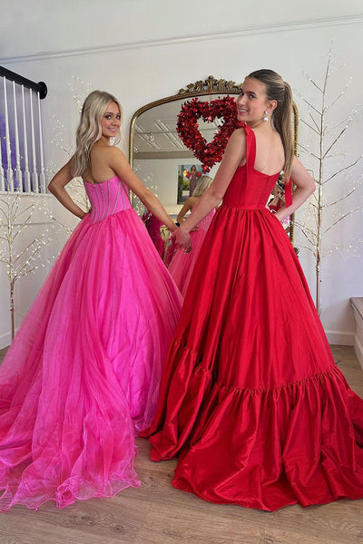 Pink Strapless Tulle A-Line Long Prom Dresses VK24022603