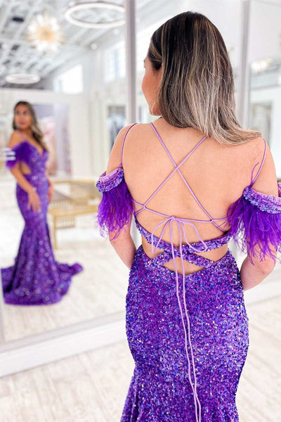 Purple Iridescent Sequin Feather Cold-Shoulder Cutout Mermaid Long Dress VK23121201