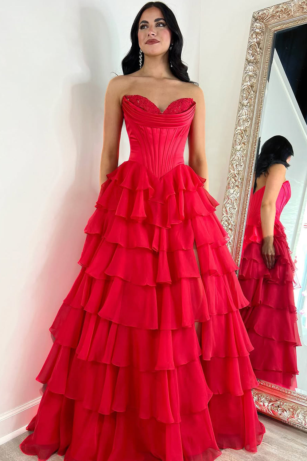 Cute A Line Sweetheart Red Chiffon Tiered Slit Prom Dresses VK13120906