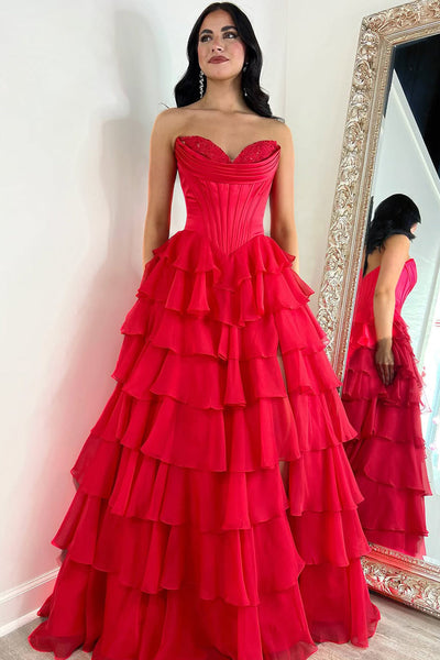 Cute A Line Sweetheart Red Chiffon Tiered Slit Prom Dresses VK13120906