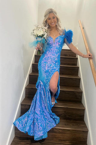 Blue Off the Shoulder Sequins Lace Mermaid Prom Dresses with Slit VK24031702