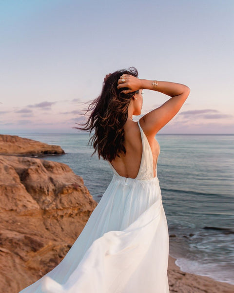 Bohemian A Line V Neck Tulle Wedding Dresses with Appliques VK23061004