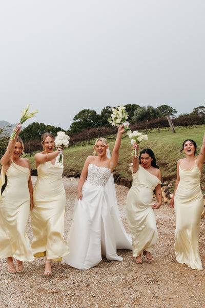 Simple Mermaid Yellow Silk Satin Long Bridesmaid Dresses VK26081906