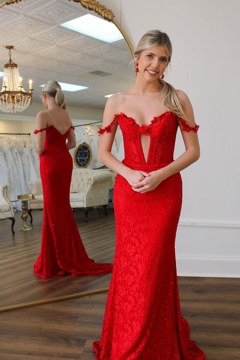 Mermaid Off the Shoulder Red Lace Long Prom Dresses with Beads VK25032504
