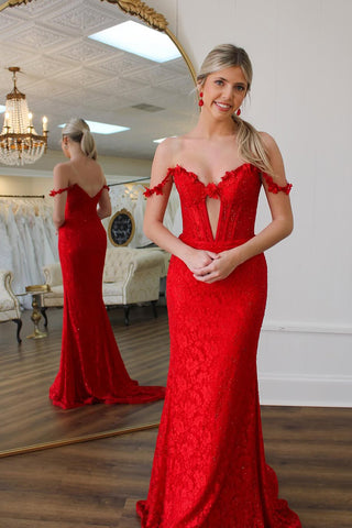 Mermaid Off the Shoulder Red Lace Long Prom Dresses with Beads VK25032504