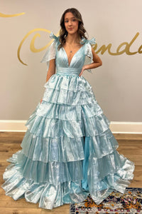 Romantic A-Line Blue Ruffle Tiered Long Prom Dresses with Bow VK24050802