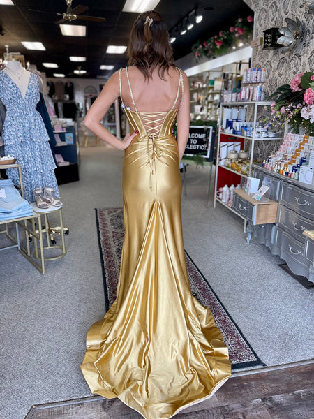Cute  Mermaid V Neck Fuchsia Satin Slit Prom Dresses with Beading