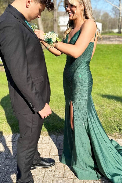 Charming Mermaid V Neck Dark Green Elastic Satin Long Prom Dresses with Beading VK23051905