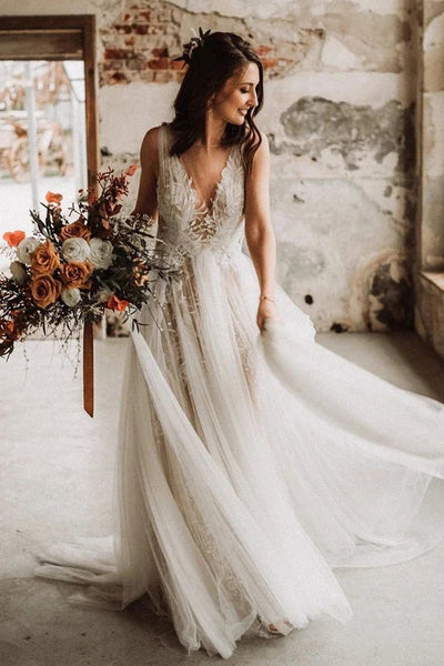 Boho V-neck Tulle Wedding Dresses A-line Backless Bridal Gowns VK0211003