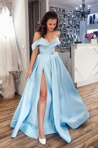 Modern Off the Shoulder Light Blue Satin Long Prom Dresses with Pockets VK220326002